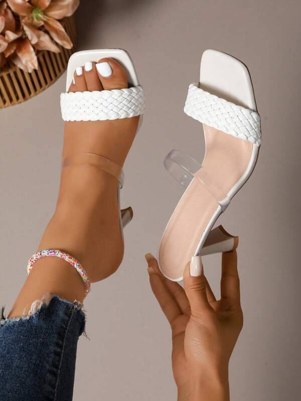 2025 Summer Women's Transparent Mid-Heel Crystal High-Heel Woven Sandals, Goddess Style Strap Slide