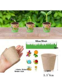 10pcs/5pcs Garden Papercraft Planting Foam Flower Kits, DIY Painting Craft Set, Paper Pulp Pots, 80pcs Random Foam Stickers, Children Science Gift, Floral Planting Craft For Spring, Available In 8cm And 6cm Sizes - Khaki - View 7