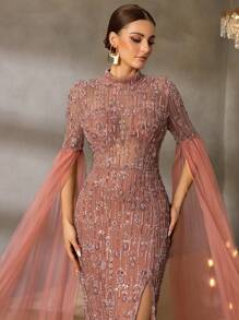 Faeriesty Faeriesty Elegant High-Neck Evening Gown With Sheer Chiffon Sleeves, Thigh Slit & Mermaid Train - Structured Formal Dress For Red-Carpet Galas, Luxury Weddings, Black-Tie Events, Award Ceremonies, And Gala Dinners