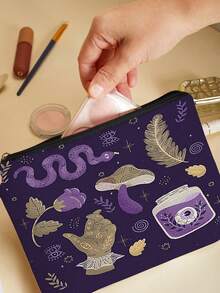 Whimsical Mushroom Printed Canvas Toiletries Bag- Fashionable Design, Zipper Closure, Foldable, Lightweight, Fade-Resistant- Perfect Gift For Bridesmaids, Teachers And Friends, Also Can Be Used As A Machine Washable Women's Makeup Bag. Back To School Book Bag, Travel Essentials, Beach Summer Vacation Travel Organizer Bag - Multicolor - View 5