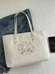 大容量时尚女士单肩包方形腋下包斜挎包大学生学院风背包新款欧美印花托特包批发大容量方形拱形提手女士单肩包 - 白色 - 查看 6