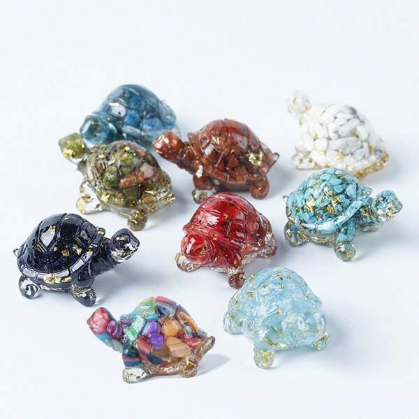 1pc Natural Crystal Chip Resin Mold Turtle Statue Healing Gemstone Golden Foil Orgone Tortoise Figurine Sculpture Pocket Stone For Home Office Feng Shui Decoration Collectible Ornament