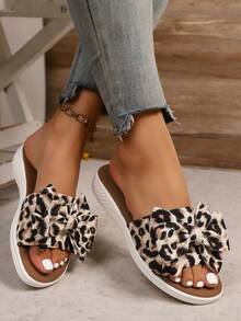 Damen Sandalen mit dicker Sohle, Schleife und Leoprint, bequeme Plateau-Keilpantoffeln, für Sommer und Herbst