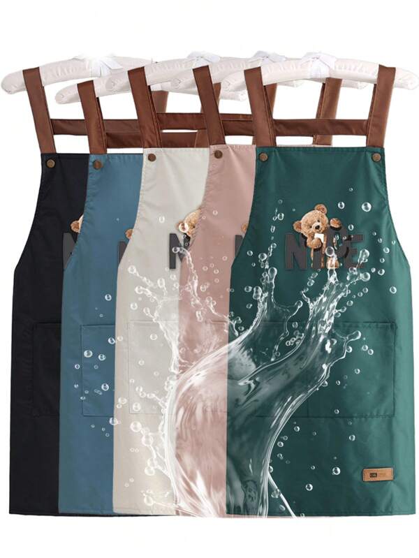 1PC Solid Color NICE Bear Pattern Double-Sided Waterproof Barista Apron, Suitable For Home, Outdoor Kitchen And Catering Floral Work Clothes.