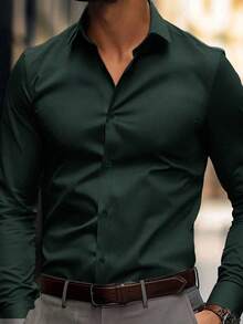 Men's Spring Summer Solid Color Casual Business Long Sleeve Shirt - 墨綠色 - 查看 3