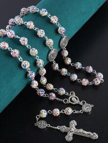 GO2CJBEADS 1件复古经典多色53颗8毫米水晶珠天主教十字架项链，男女通用个性化手工天主教祈祷念珠首饰，礼品