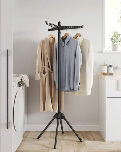 Étendoir à Linge, Séchoir sur Pied, 3 Bras Rotatifs pour Cintres, 4 Pieds, pour l'Intérieur, Acier Inoxydable, pour jusqu'à 27 Vêtements, Hauteur 150 cm, Noir