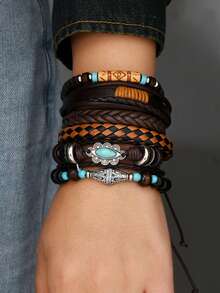 12/32/48Pcs Vintage Style Multilayer Pu Leather & Wooden Beaded Bracelet With Butterfly/Flower/Eye Charms - Handmade Friendship Bracelet For Men Women - Adjustable (Random Mixed) - Multicolor - View 3