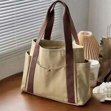1 pieza Bolsa de lona de gran capacidad, Bolsa de hombro con múltiples bolsillos, Bolsa de compras reutilizable, Fácil de llevar, Asa cómoda, Adecuada para uso diario y regalos. Bolso portátil adecuado para escuela, trabajo, viajes y compras. - Multicolor - Ver 9