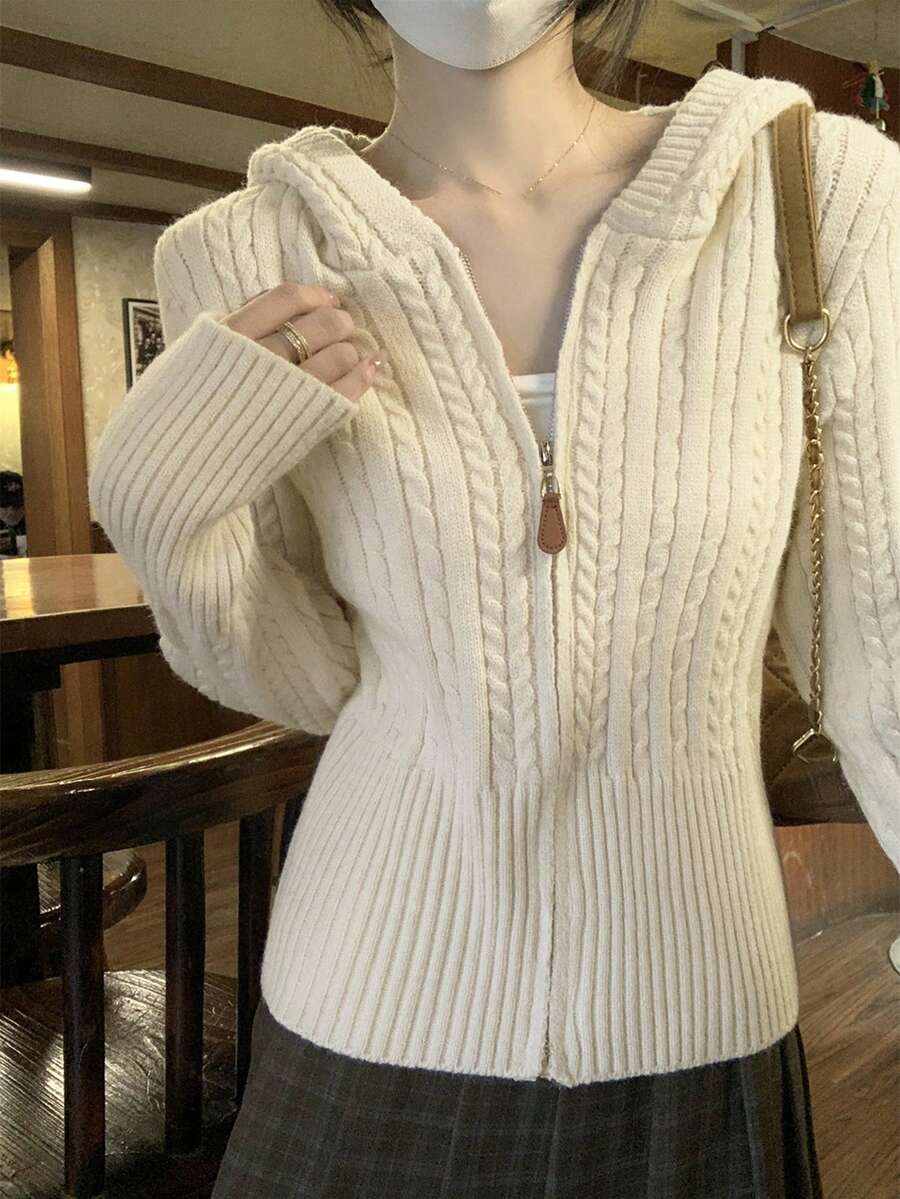 Cardigan Berkerudung Serbaguna Gaya Korea, Rajutan Campuran Hangat dan Lembut, Cocok untuk Musim Gugur/Dingin - Aprikot - View 1