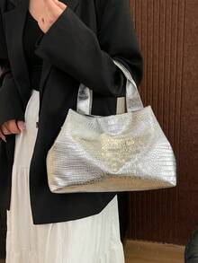 2025新款大容量手提包，亮面简约女士时尚百搭通勤托特包 - 銀色 - 查看 6