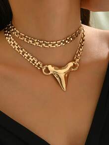 1pc Fashion Multilayers Chain Heart-Shape Pendant Necklace, & Versatile - Yellow Gold - View 4