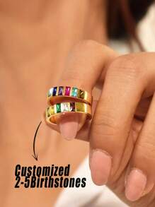 1pc Elegant Birthday Gemstone Ring, Family Birthstone Ring, Customized Rectangular Gemstone Ring, 14K Gold Mother's Day Stackable Ring, Personalized Gift For Her