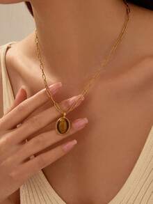 1 件不锈钢金黄色法式复古风格棕色琥珀绿松石宝石项链，适合女性派对日常佩戴或送礼 - 金黃色 - 查看 1