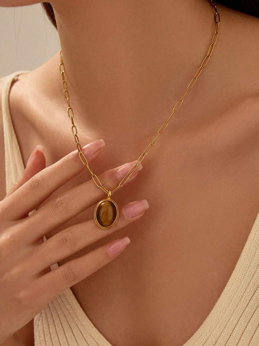 1 件不锈钢金黄色法式复古风格棕色琥珀绿松石宝石项链，适合女性派对日常佩戴或送礼 - 金黃色 - 查看 1