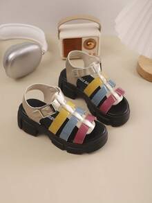 Girls' Outdoor Sandals, Summer New Round Toe Contrast Color Thick Sole Design, Anti-Slip, Fashionable & Elegant, Children Beach Roman Sandals - Black - View 6