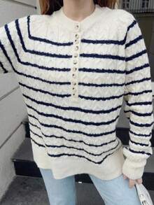 BIANCO LUCCI 女士条纹套头衫，纽扣敞开，朴素风格，教师装，圆领常规版型米色/棕色条纹女士开衫，休闲日常穿着，长袖上衣