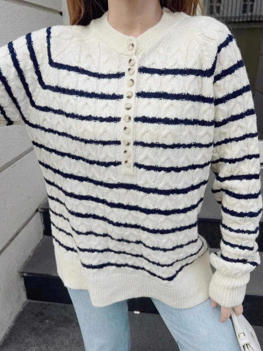 BIANCO LUCCI 女士条纹套头衫，纽扣敞开，朴素风格，教师装，圆领常规版型米色/棕色条纹女士开衫，休闲日常穿着，长袖上衣