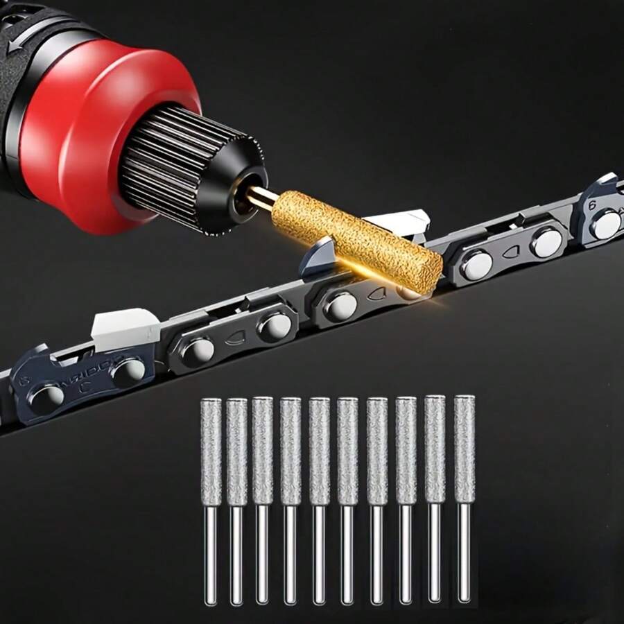10pcs Diamond Chainsaw Sharpening Kit, Titanium Coated Alumina Grinding Burrs, Rotary Tool Deburring Stone Filer Suitable For Chainsaw, Jade, Glass, Metal, Wood Sharpening - Non-Battery Powered Mode - Multiple Specifications - View 1