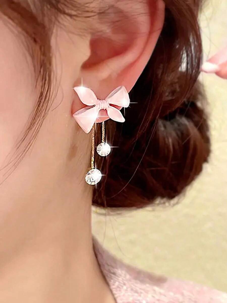 Pink Bowknot Tassel Long Earrings With Rhinestone For Women Sweet Girl Jewelry Studs Summer Valentines Gift Mom Mother Day Fashion - 粉色 - 查看 1