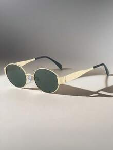 1 件椭圆形金属框时尚眼镜，时尚独立风格眼镜，适合日常通勤、海滩、街头摄影，适合夏季海滩度假、户外、旅行 - 金框灰片 - 查看 9