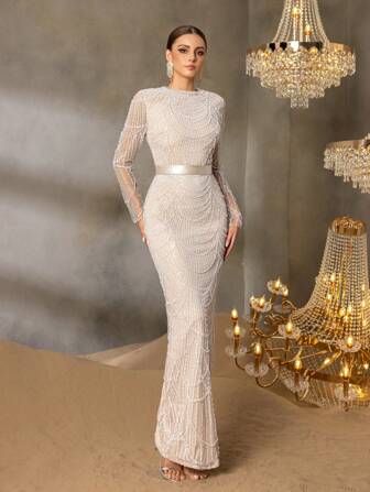 Faeriesty Vestido de noche elegante y glamoroso con lentejuelas y cuentas | Vestido formal para bodas de lujo, eventos de etiqueta negra, atuendos de cumpleaños para mujeres o fiestas con estilo de celebridades