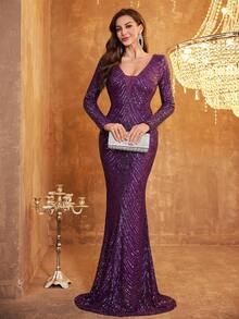 Vestido formal de manga larga con cuello en V y bajo de cola de sirena con lentejuelas - Rojo violeta - Ver 5