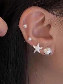 1對可愛又甜美的高檔女性禮物貝殼和藍色海星垂墜耳環，配有水晶鑽，適合海灘，顏色為白色和藍色 - 彩色 - 查看 6