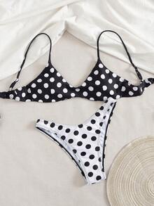 女士比基尼泳衣，可爱波西米亚风黑白波点印花，内置胸罩吊带泳装，适合度假、海滩、泳池和运动穿着，2026春夏款 - 黑色 - 查看 5