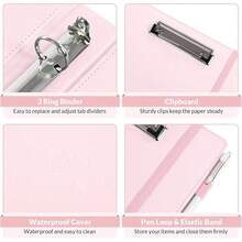 Neww  3 Ring Binder  Clipboard,1 Inch Binder, 13.2" * 10.2" PU Clipboard Binder  Notepad & 5 Dividers  5 Pockets, Labels, Clipboard Folder Great For School Office(Fit Letter Sized Paper) - Pink Letter Size - 1 Inch - View 7
