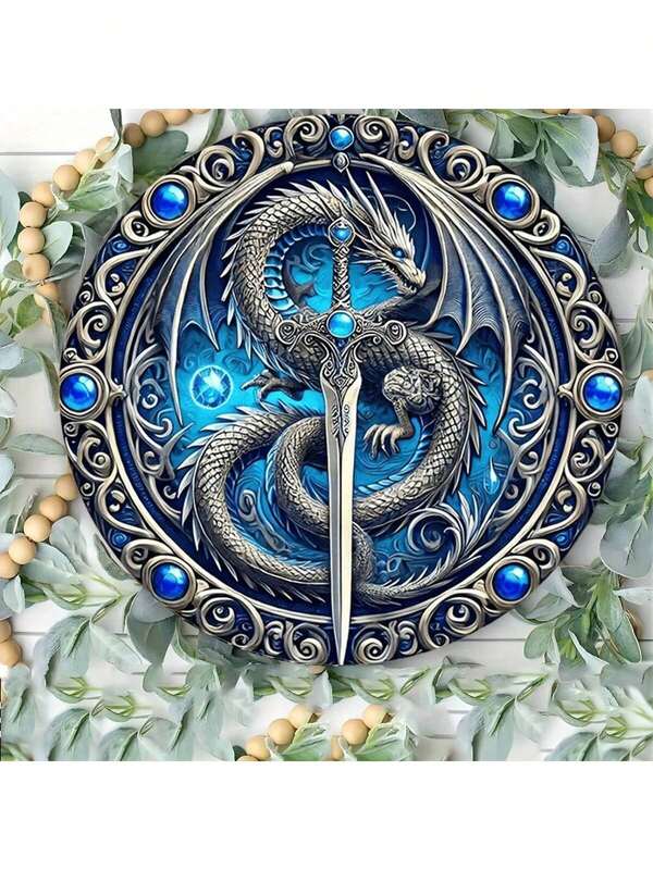 1 Stück Drache & Schwert Schmiedeeisen Rundschild, Innen- & Außendekoration, Heim, Bar, Garage, Café, künstlerisches Handwerkszeug