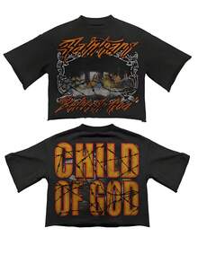 VHUTHK (220 Cotton T-Shirt) Men's Summer Round NeckShort Sleeved 'God's Child' Letter Double-Sided Printedldle Cotton