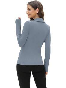 WIHOLL Womens Polo Shirts Long Sleeve Business Casual Tops Collared V Neck Ribbed Knit Sweater Slim Fit Blouses Halloween Christmas New Year - Màu xanh bụi bặm - Xem 4