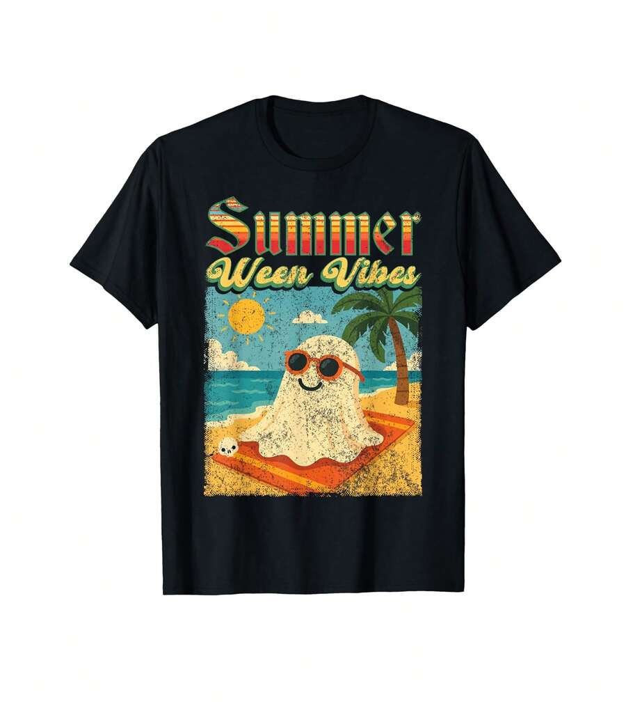 Summerween Vibes Ghost Funny Summer Halloween T-Shirt Men's Tshirt Valentine's Gift For Wife - Black - View 1