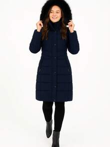 SAKERS OUTDOOR CLOTHING Chamarra Larga Mujer Elegante Con Gorro Y Peluche Sakers Liso Elegante Bolsillo Cremallera Cordón Diario - Azul Marino - Ver 2