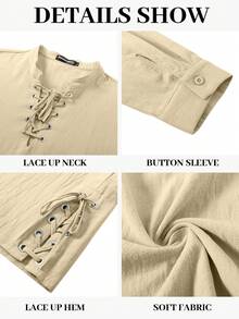 Medieval Inspired Drawstring Long Sleeve Shirt For Men, Viking Costume - Khaki - View 6