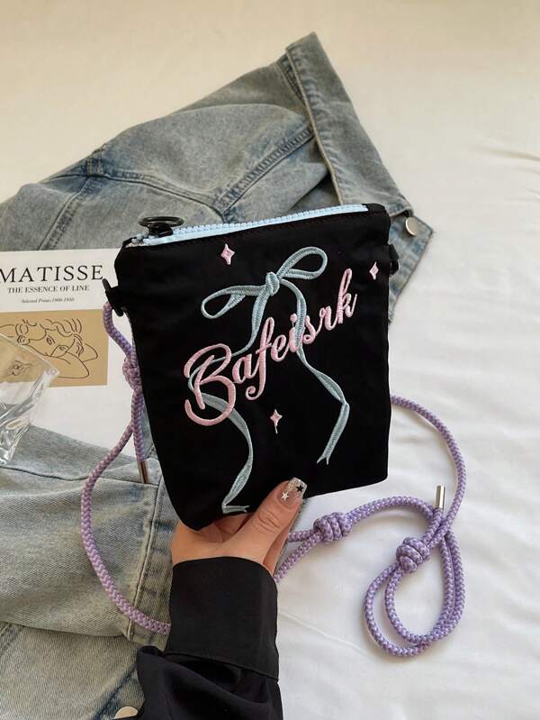 Bolso bandolera mini bordado / Bolsa de viaje para teléfono estilo dulce de chica / Monedero, bolsa de almacenamiento para lápiz labial (estilo coreano y japonés)
