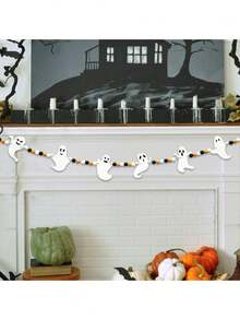 1 套 90.55 英寸万圣节鬼魂花环串珠装饰，黑色橙色白色串珠装饰，适用于万圣节装饰、壁炉、楼梯挂饰、毛毡鬼魂、花环、壁炉装饰、室内万圣节装饰 - 彩色 - 查看 4