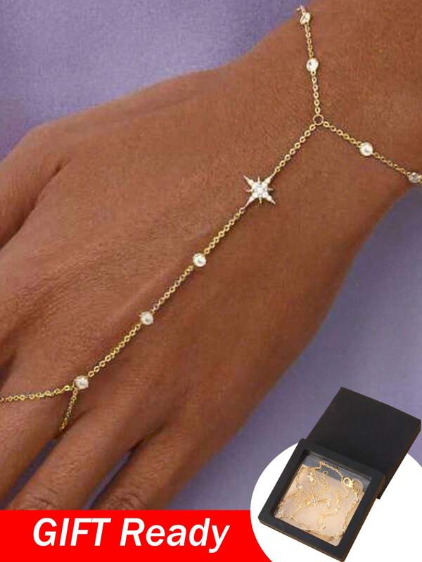 STONEFANS 1pc Gold Color Non-Fading Crystal Encrusted Full Finger Bracelet Jewelry Gift Box Packaging, Fashionable High-End Bridal Hand Chain For Women