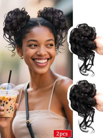 2 st korta lockiga syntetiska hårknutar med rufsiga hårstycken, flätor med hästsvans, kulhuvuden, löshårringar, munkar, hårknippen, håraccessoarer för kvinnor, hårband