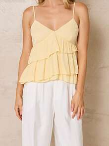 Women's Ruffle Cami Tops Sleeveless Spaghetti Strap V Neck Tie-Up Back Camisole Tops - Yellow - View 2