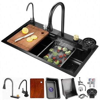 Fregadero De Cocina De Una Tarja Tazón Cuadrados Gris De Acero Inoxidable De Fregadero De Cocina Con Grifo Extraíble En Cascada (Color : Black, Size : 80 * 45 * 20CM)