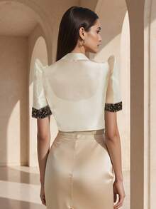 1pc Women's Modern Philippine Inspired Blouse, Philippine Inspired Butterfly Sleeve Blouse, Fashionable & Elegant Puff Sleeve Short Sleeve Top For Summer, Women's Philippine Inspired Shawl, Philippine Inspired Blouse, Champagne Color Top - Champagne - View 2