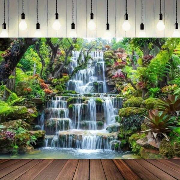 1 Pc Fabric Waterfall Landscape Background, Mountain, Flowing River, Green Forest, Trees, Natural Scenery Decor, Photo Booth, Photography Studio Prop