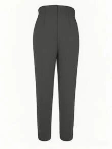 女士休闲纯色拉链前斜插口袋缝线修身长裤 春季 - 深灰色 - 查看 5