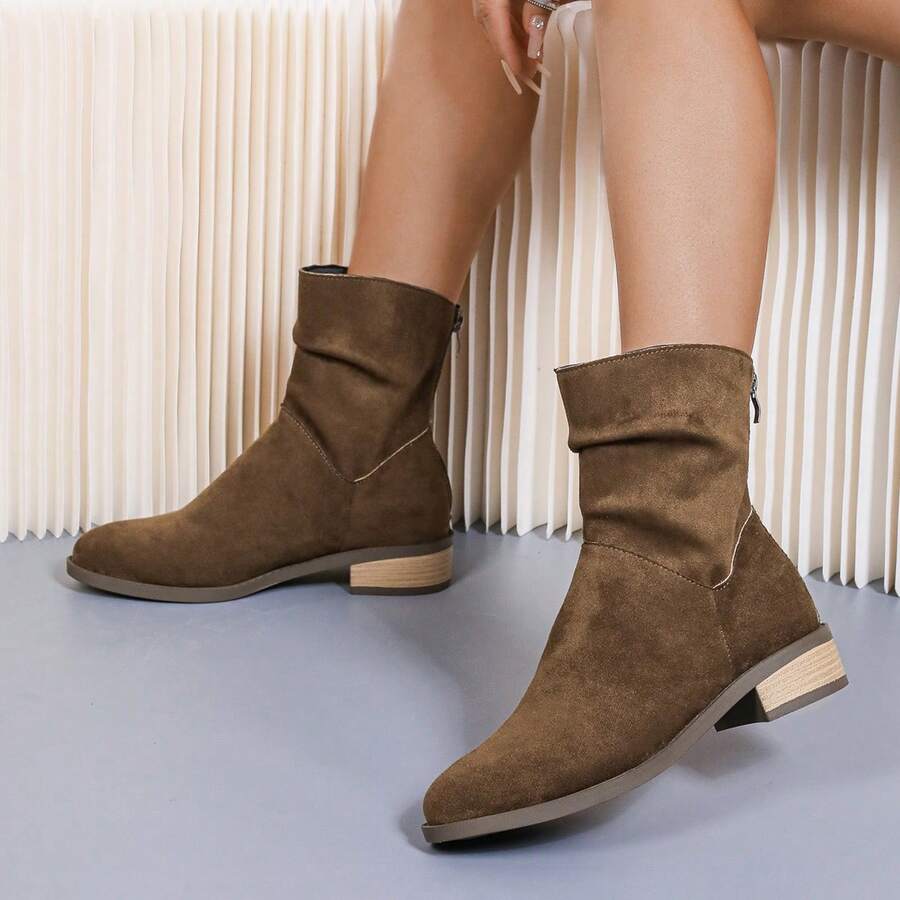 Nuevas botas cortas de mujer de estilo occidental, de unicolor, con cierre trasero, de moda retro europea y americana, para el otoño - Marrón - Ver 1