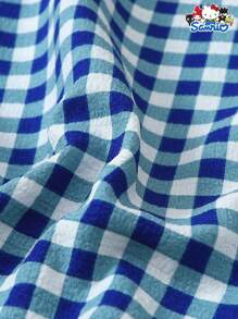 Sanrio 两件套春夏女式三丽鸥Hello Kitty蓝白格子长袖纽扣口袋上衣和蝴蝶结长裤睡衣套装，适合居家穿着，秋冬皆宜。