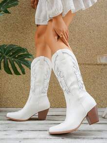 女士西部风格尖头中筒靴，刺绣粗跟牛仔靴 - 白色 - 查看 7