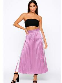 Falda larga mujer dama plisada satinada brillosa broches presión pretina elástica forro estilo street y2k urbana casual fresca día noche calor primavera verano fiesta jardín parque - Rosa - Ver 3