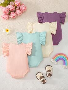 4pcs Baby Girls' Adorable Knitted Bodysuit With Flutter Sleeves, Casual & Sweet Style, Lightweight For Summer